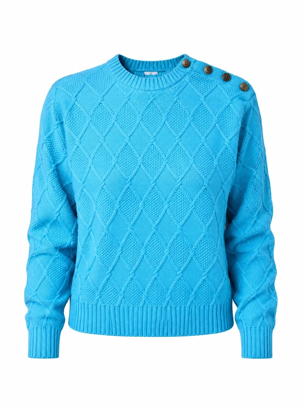 Turquoise Blue Diamond Cable Knit Button Shoulder Coastal Preppy Sweater Size LG